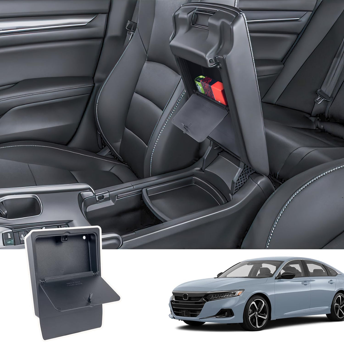 PIMCAR front view of armrest open showing hidden organizer, adds discreet storage