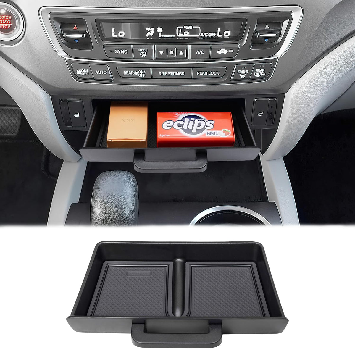 PIMCAR front view of tray showing sleek fit and concealed storage benefit