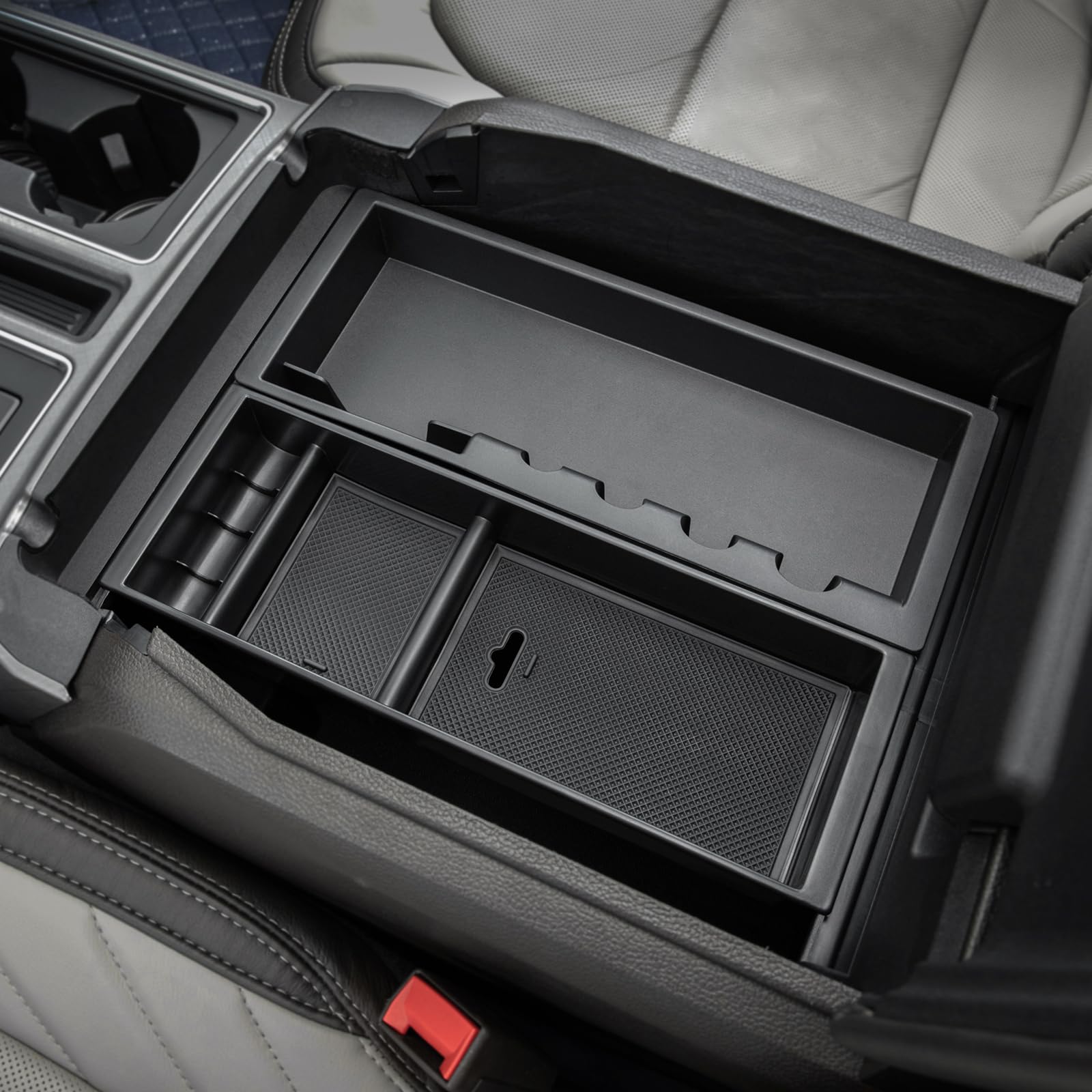 PIMCAR front view of tray showing neat console organization and quick access