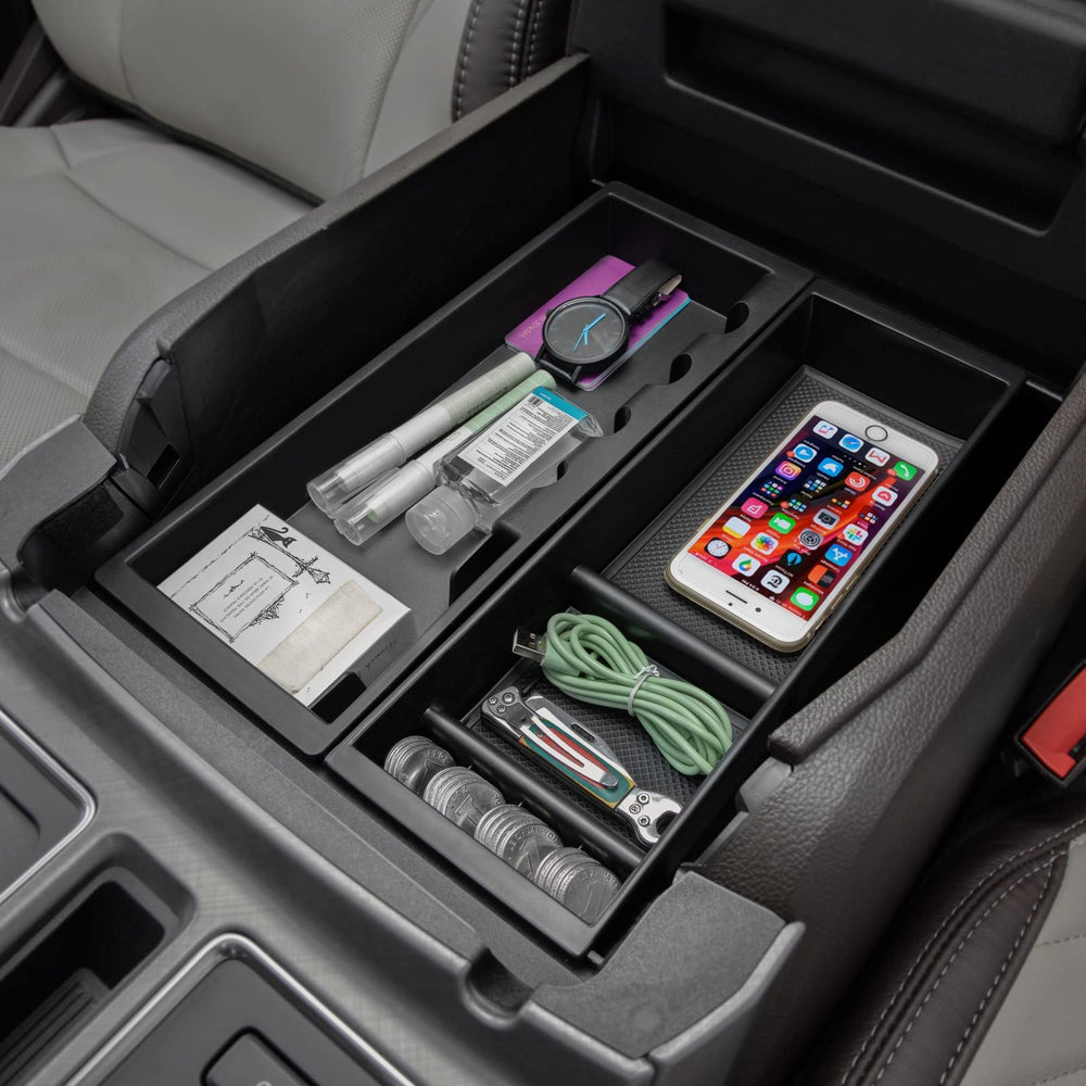 PIMCAR in-console with phone and sunglasses showing easy item retrieval