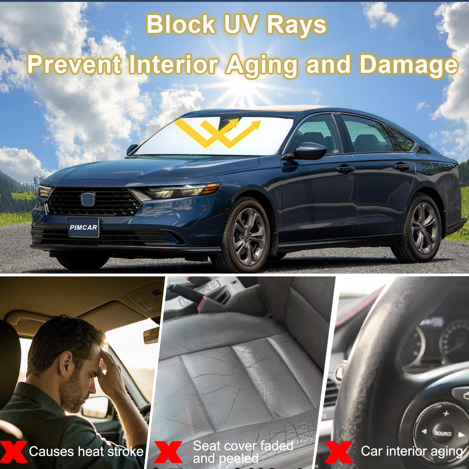 PIMCAR side edge fit against windshield, prevents sunlight gaps