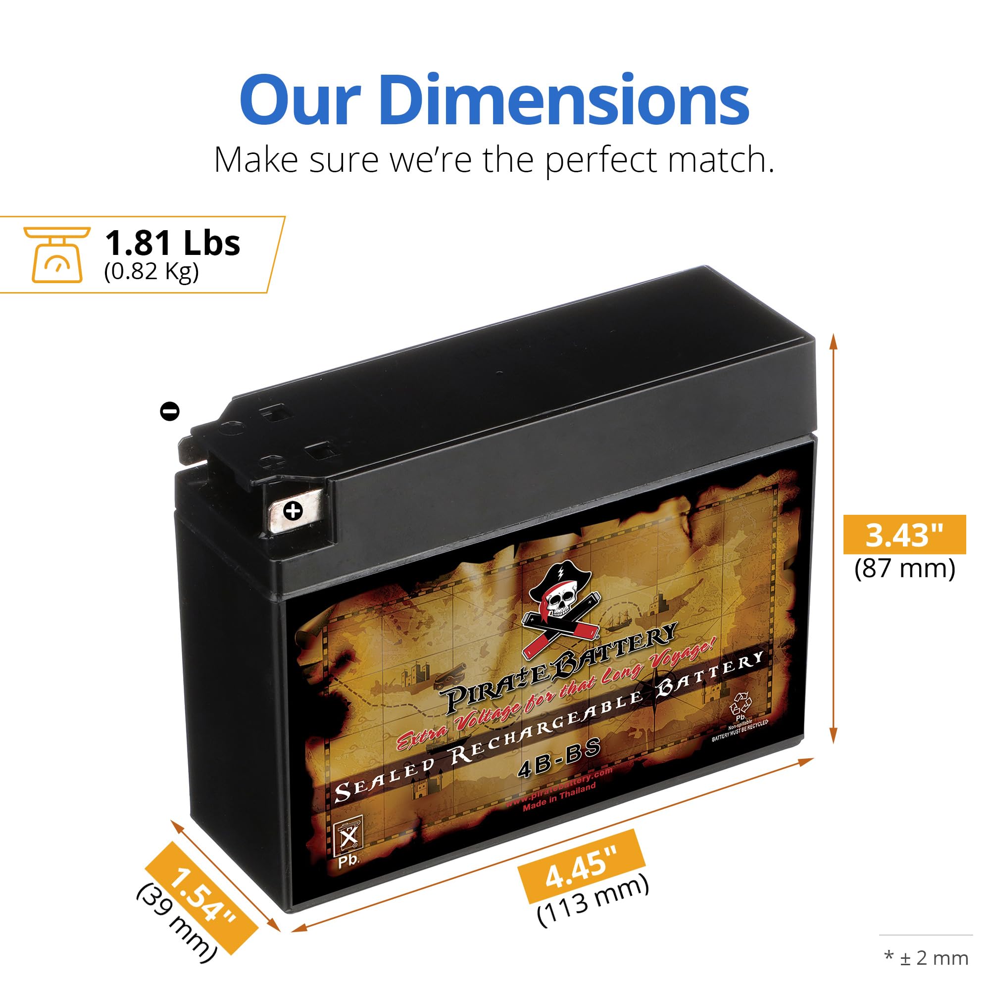 Pirate Battery side showing dimensions and compact profile for tight compartments