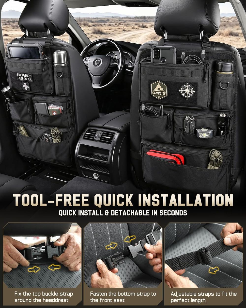 Pitozer strapped to a car seat demonstrating fast, tool-free installation