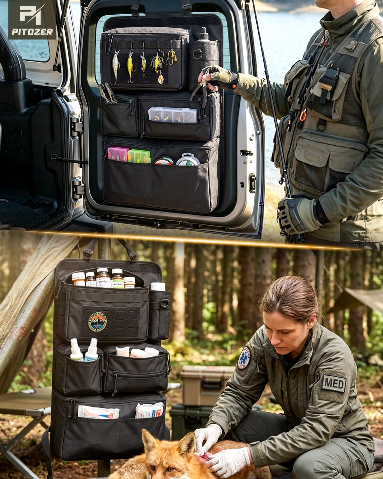 Pitozer in vehicle during a road trip showcasing organized travel essentials
