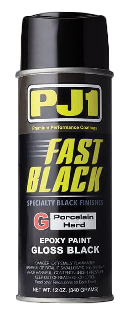 PJ1 gloss black epoxy spray can front view showing label and durable finish benefit