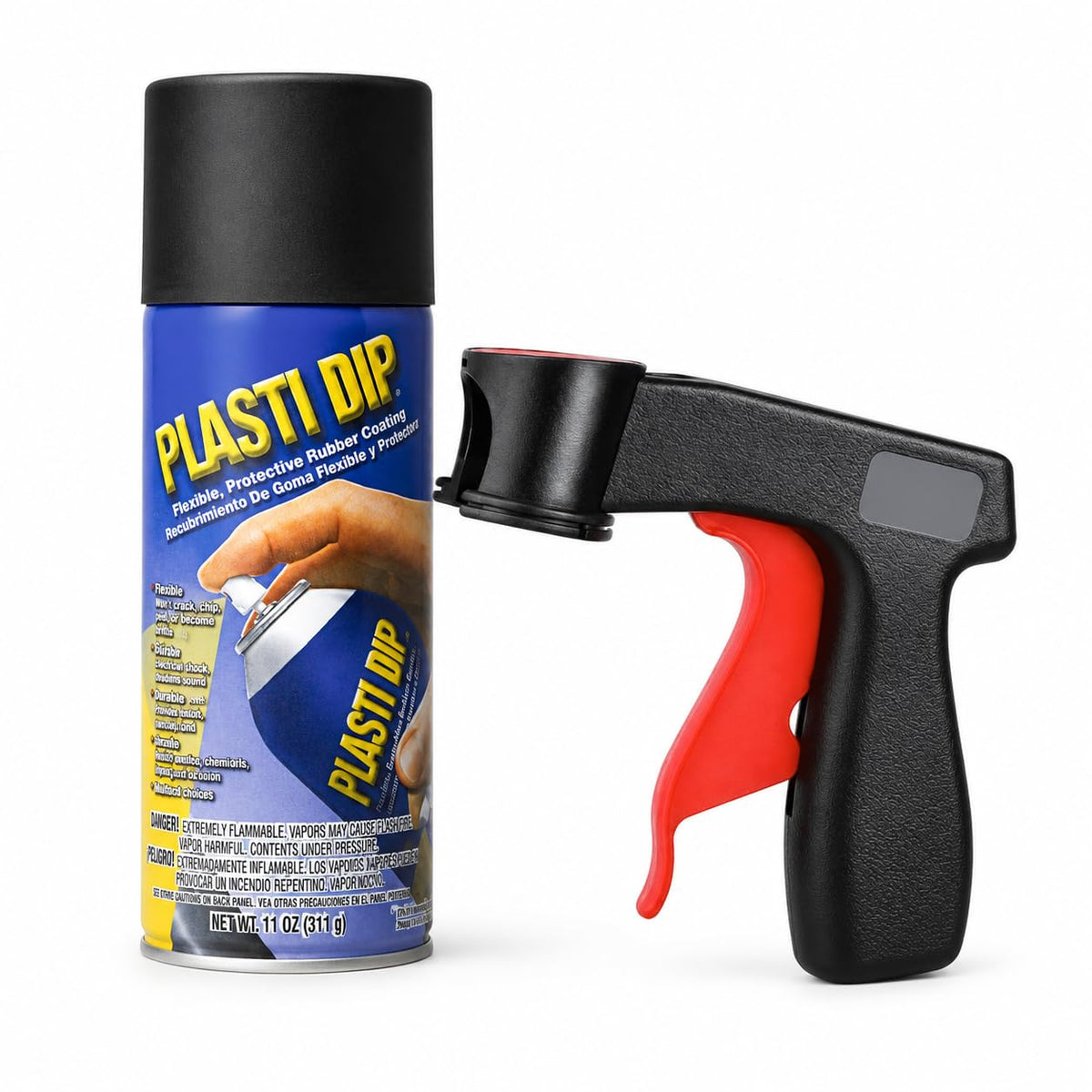 Plasti Dip black aerosol can showing label and product benefit of protective coating