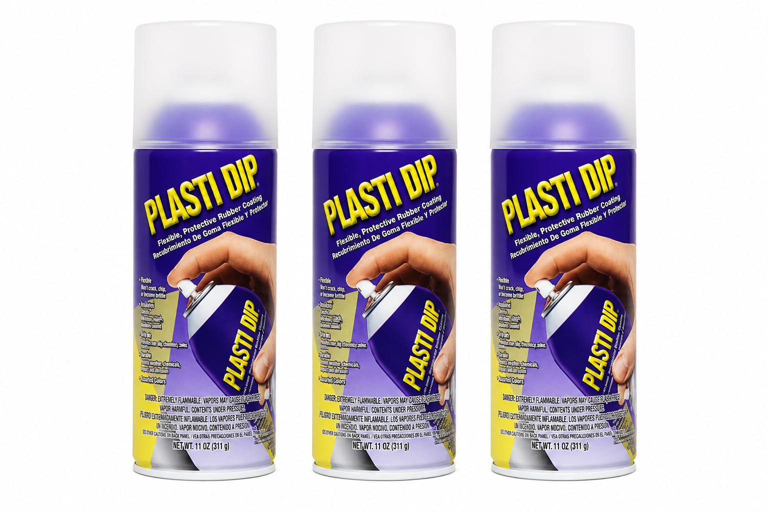 Plasti Dip clear 3-pack front cans showing labels and size for easy selection and storage