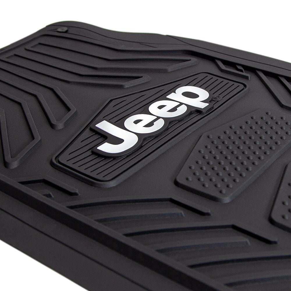 Plasticolor Jeep WeatherPro close-up of Jeep logo and durable texture benefits
