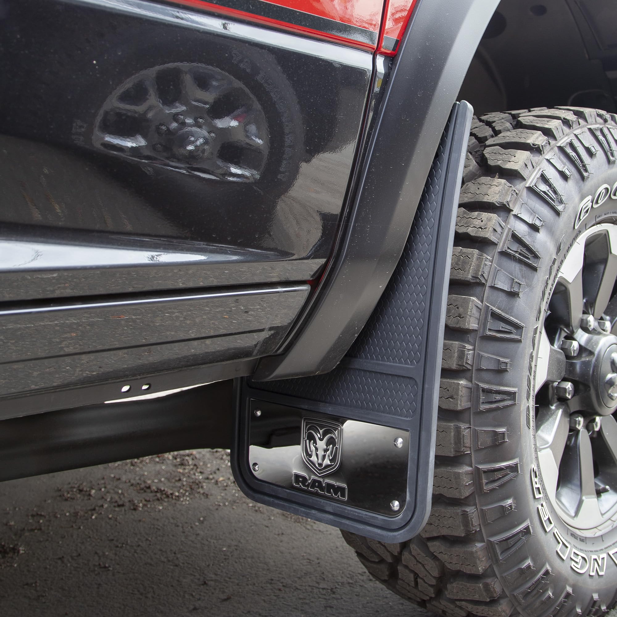 Plasticolor RAM mud guards installed on truck showing protection from road debris