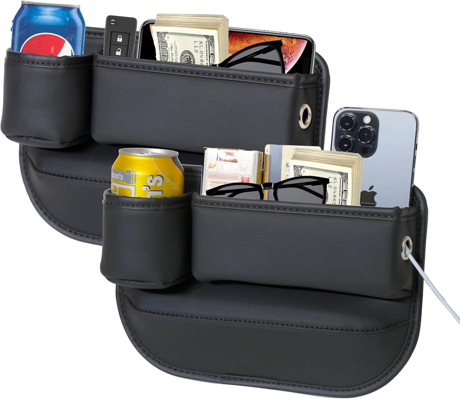 PLEW front view installed between seat and console shows tidy reachable storage benefit