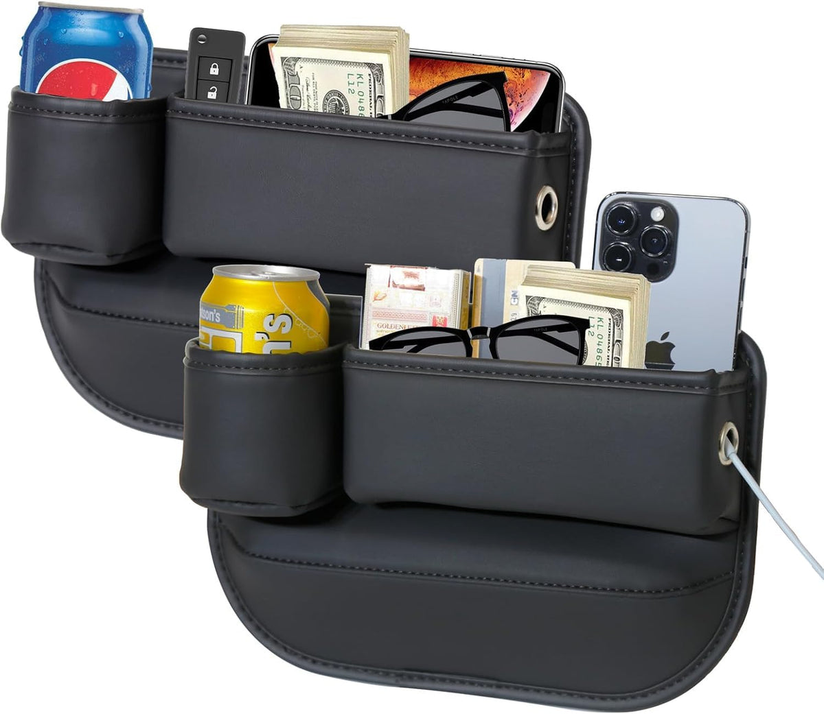 PLEW front view installed between seat and console shows tidy reachable storage benefit