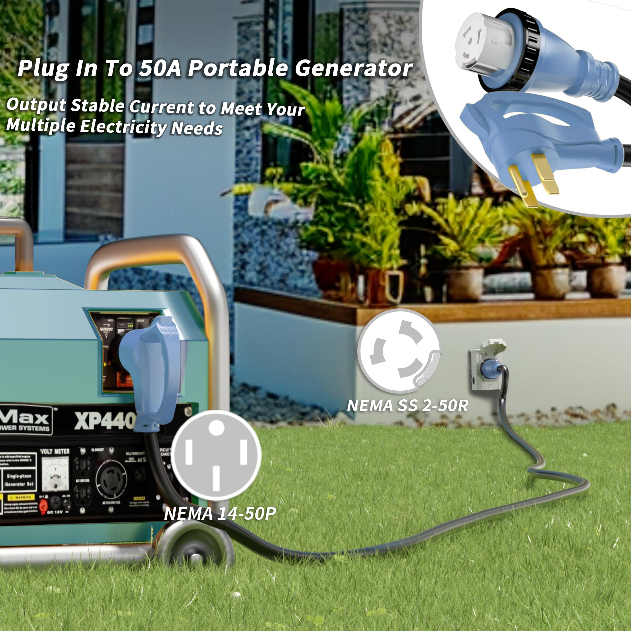 PlugSaf closeup of NEMA 14-50P male plug with ergonomic grip for easy handling and safety