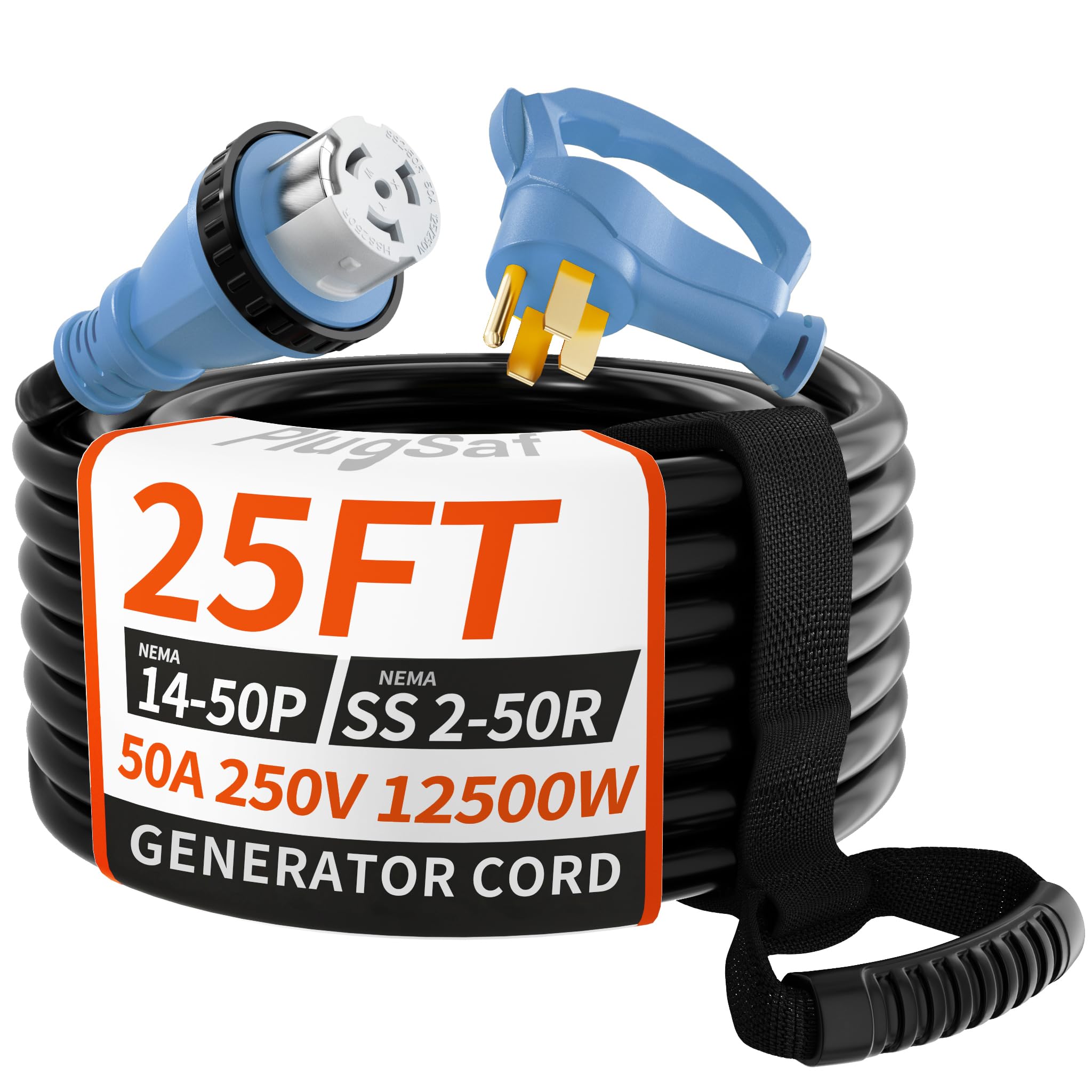 PlugSaf front view of 25FT 50 amp generator cord showing connectors and jacket benefit secure connection