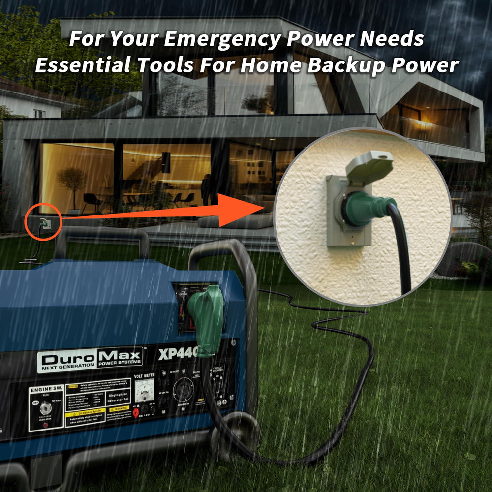 PlugSaf cord attached to a house inlet box showing reliable home hookup benefit