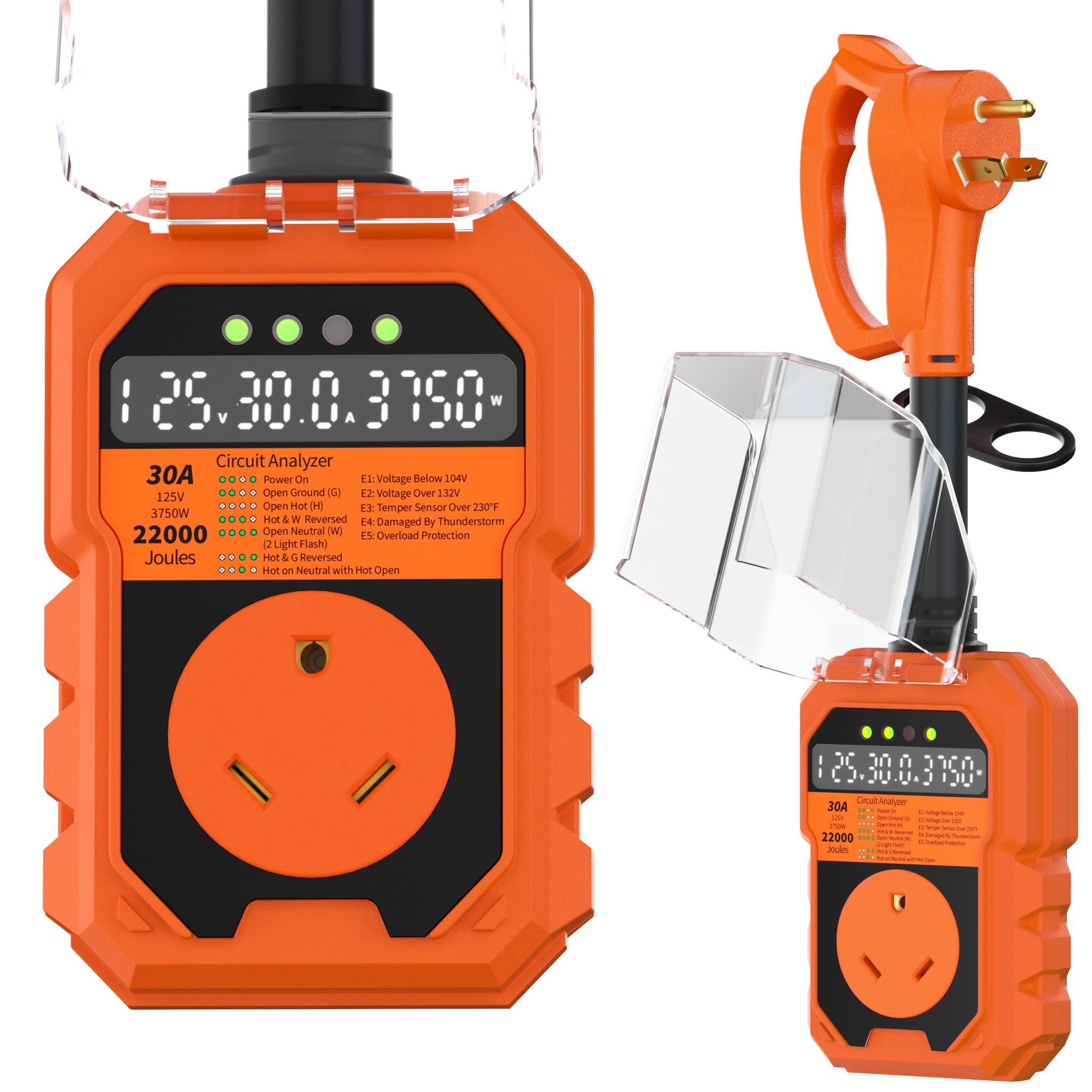 PlugSaf front view with LED display showing clear diagnostics for safe hookups