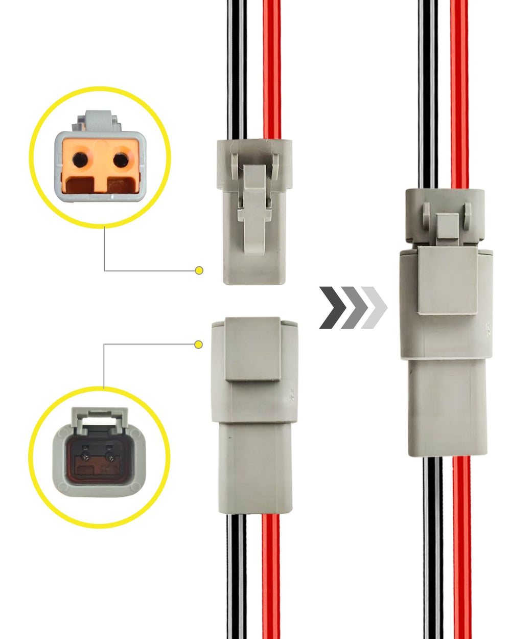 PLUXPAER detailed view of 5.9-inch pigtails demonstrating flexible 10AWG wiring for high-current runs