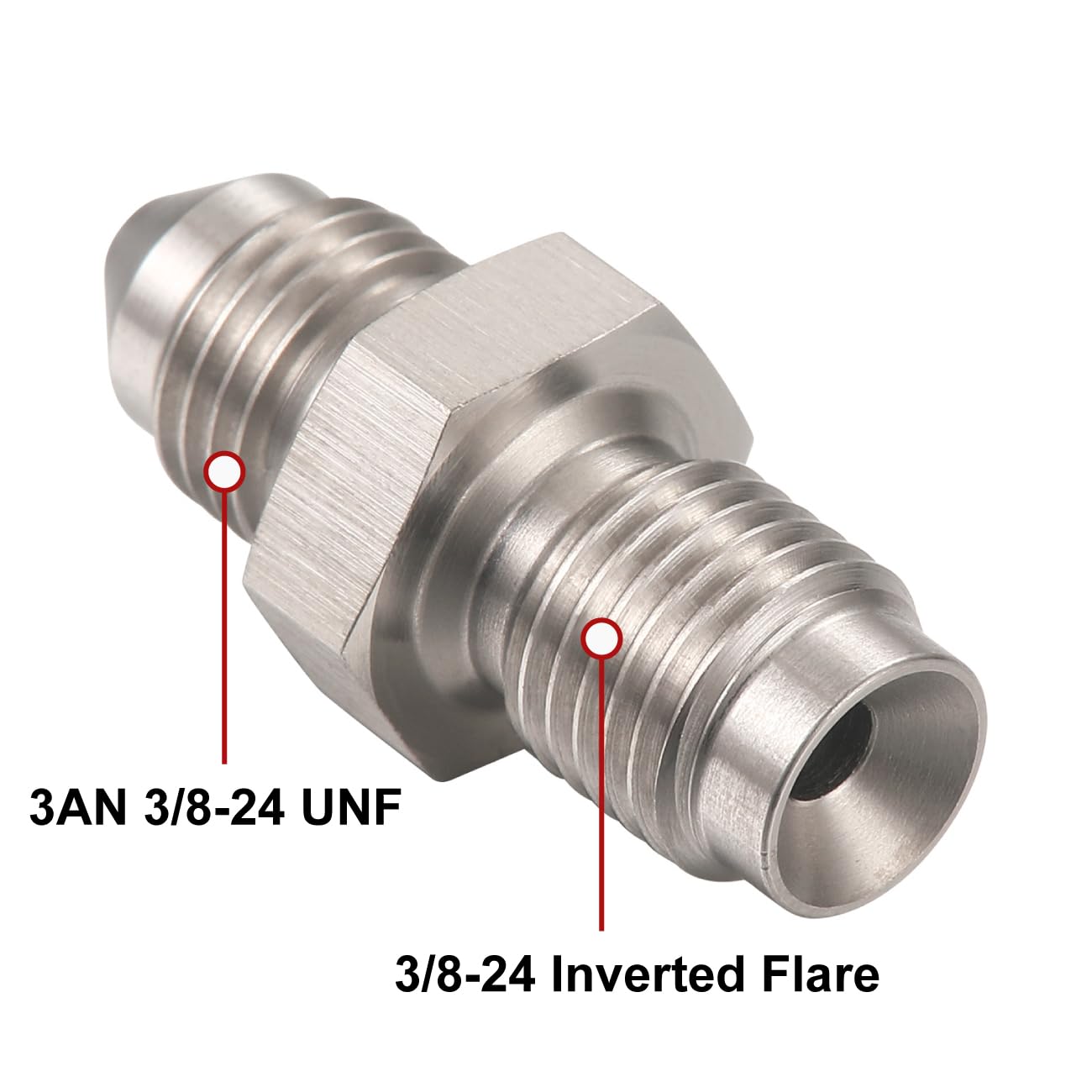 Podavelle close-up of stainless threads and flare sealing surface for reliable seal