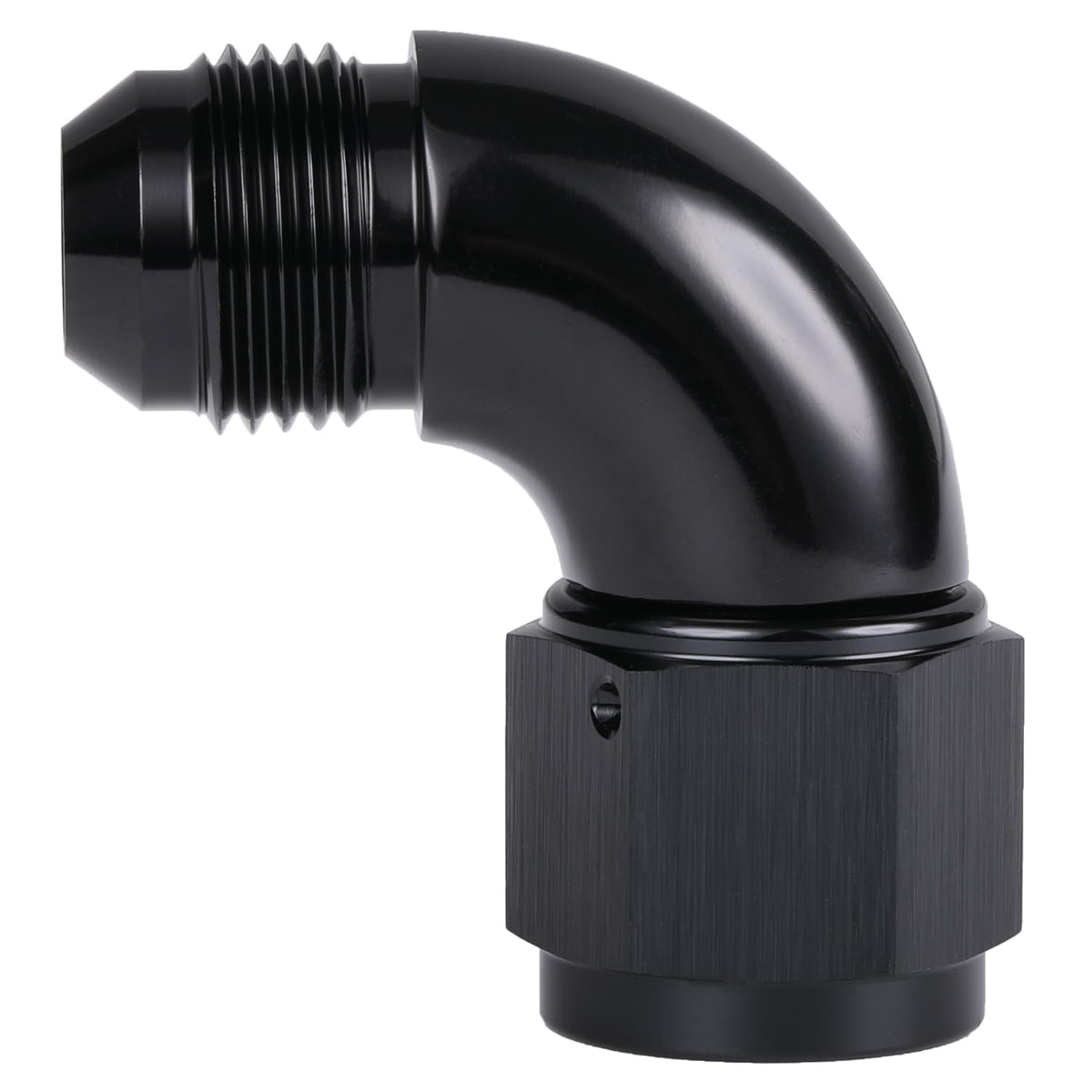 Podavelle front view of AN10 90° adapter showing compact design and durability