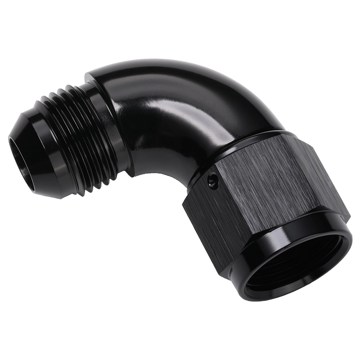 Podavelle adapter installed with AN hose demonstrating clean routing and space-saving benefit