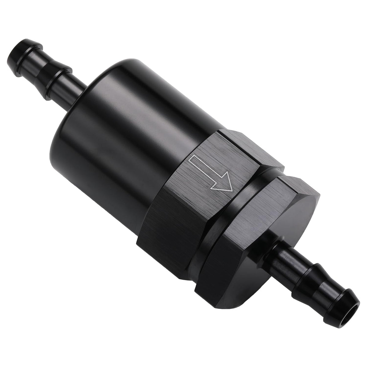 Podavelle front view of billet inline fuel filter showing ports and compact design, improving fitment