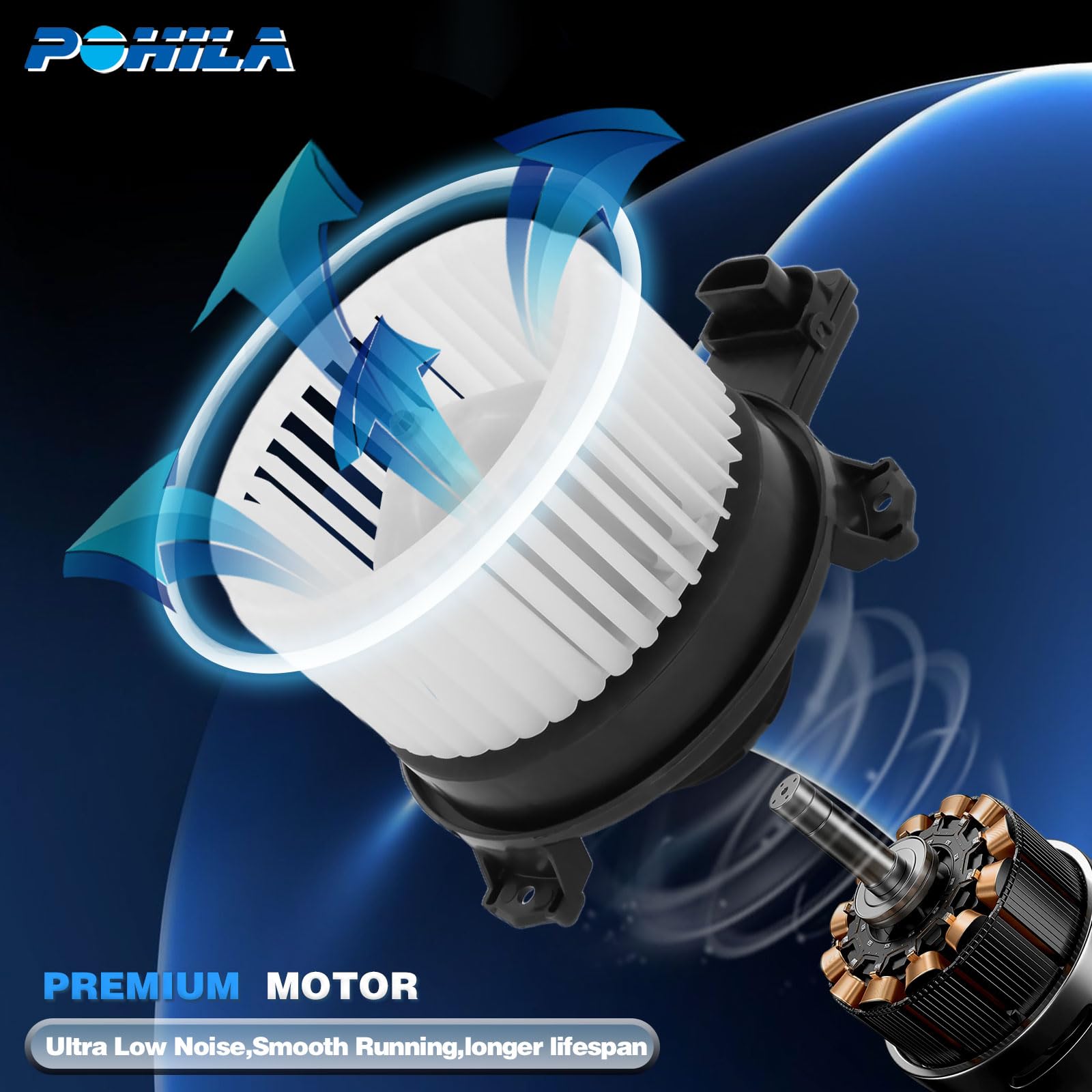 POHILA blower motor next to ruler showing exact OEM-equivalent dimensions