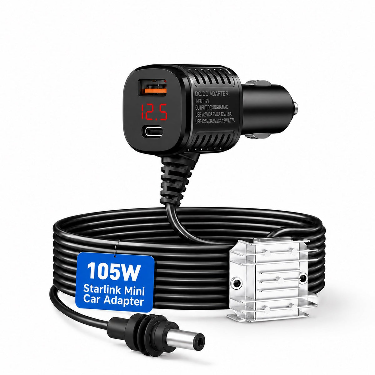 POLARMETA adapter front view showing cigarette lighter plug and benefits of reliable power