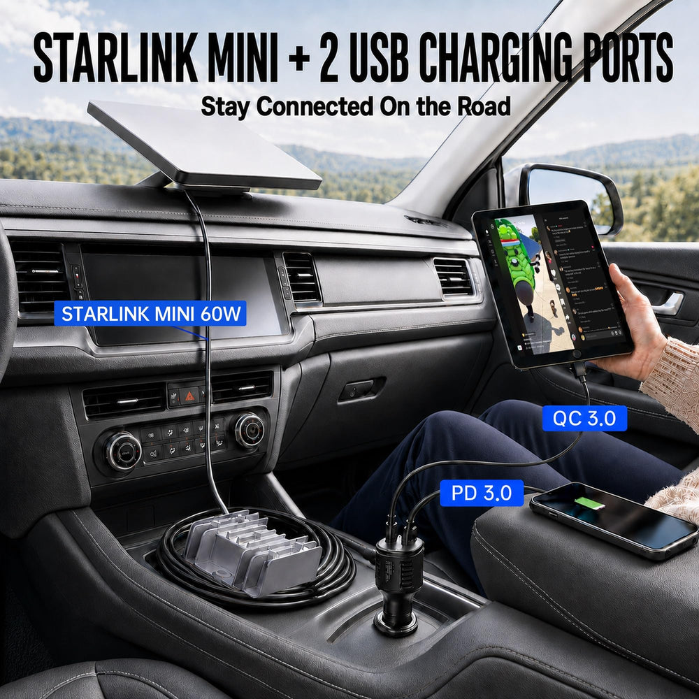 POLARMETA adapter mounted in a vehicle keeping Starlink Mini online