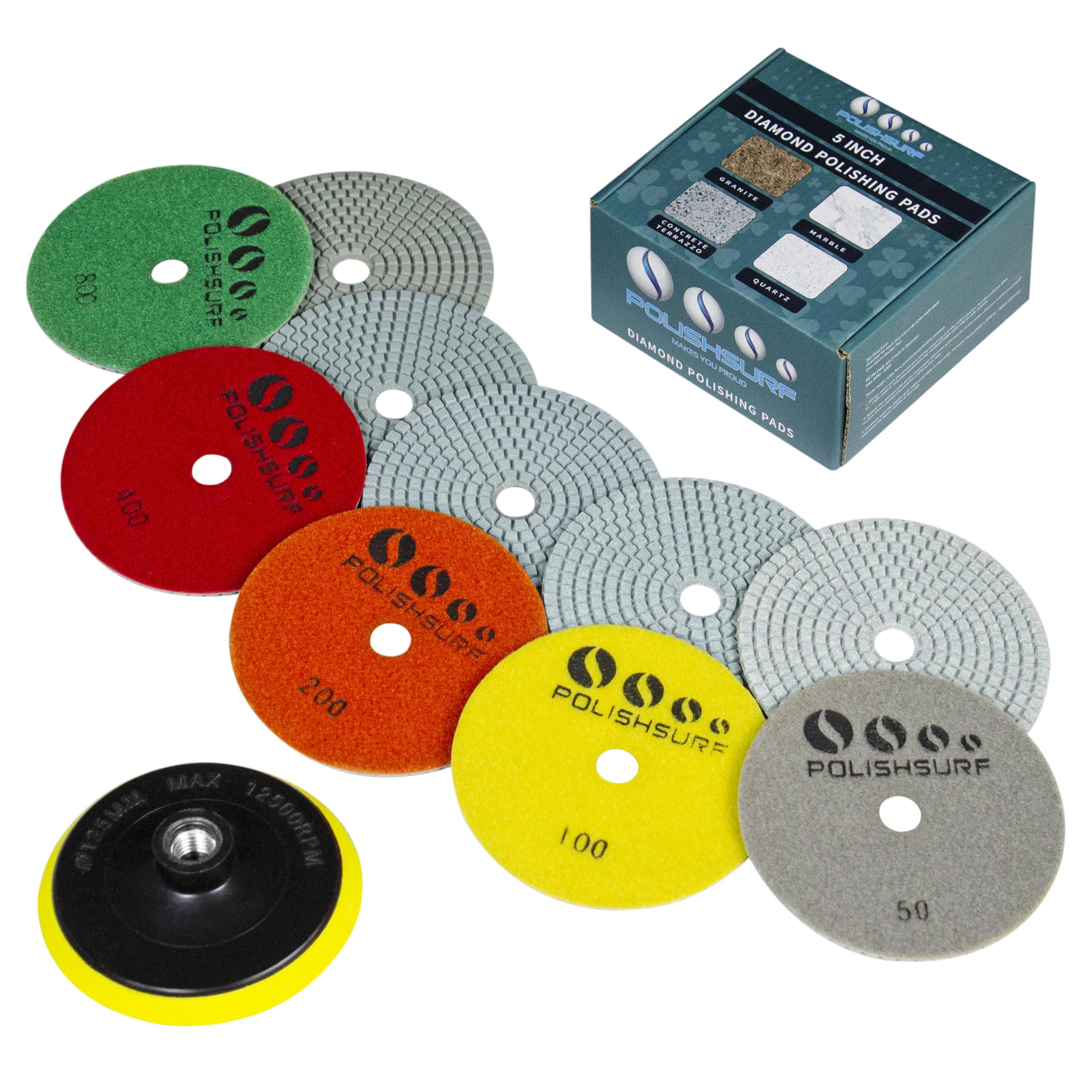 POLISHSURF front view of 5-inch pad kit showing complete set and backer, clear identification benefit