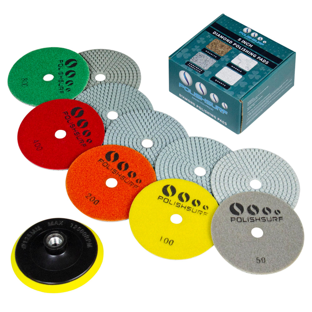POLISHSURF front view of 5-inch pad kit showing complete set and backer, clear identification benefit
