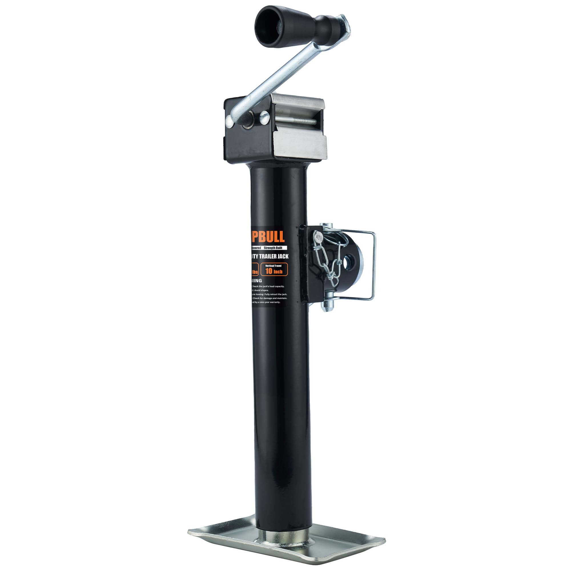 POPBULL front view of weld-on trailer jack showing sturdy construction and reliable support