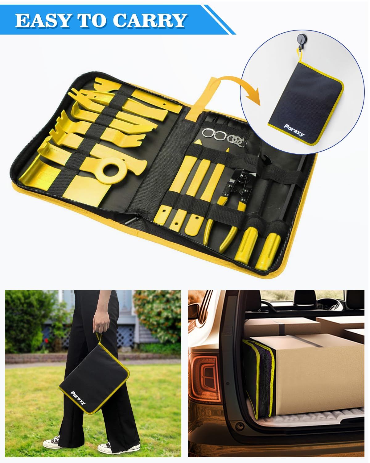 Poraxy tools in car interior being used to lift door panel without scratches