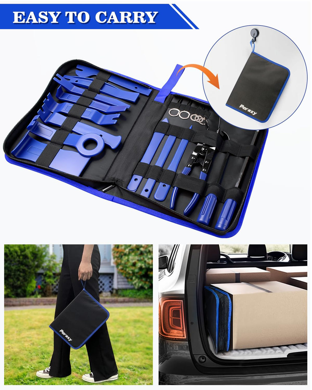 Poraxy toolkit on a garage bench with car door open for efficient trim work