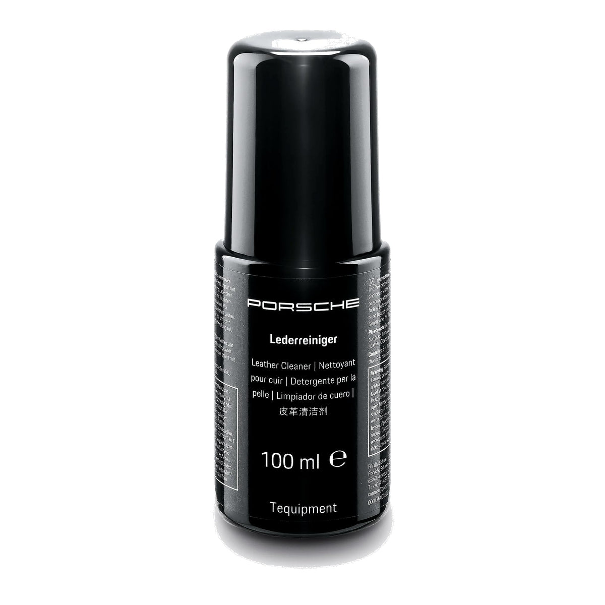 Porsche leather cleaner front packaging showing brand and 100 mL bottle for authentic care