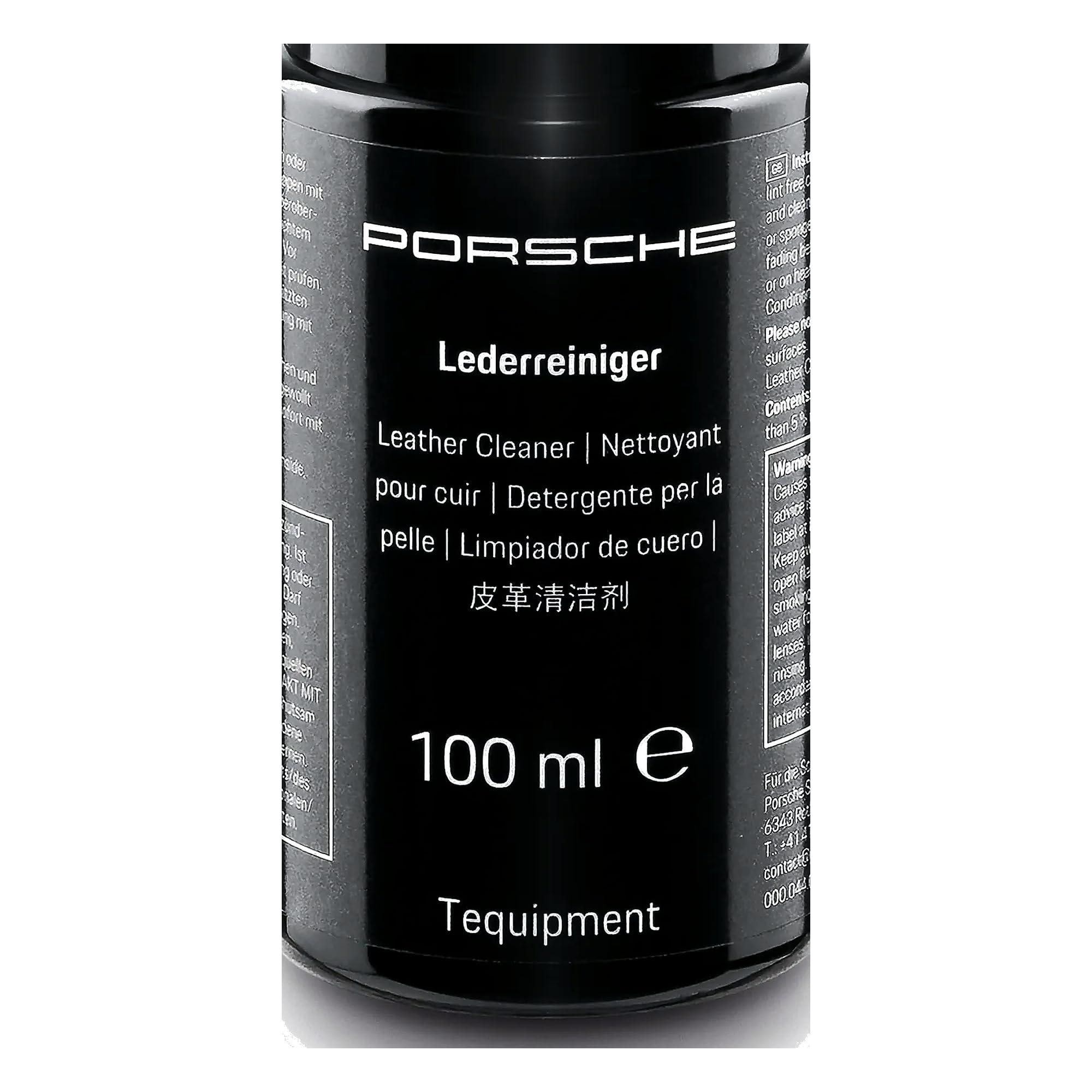 Close-up of Porsche leather cleaner nozzle and label highlighting easy controlled dispensing