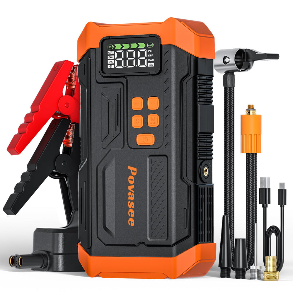 Povasee front view showing orange jump starter and compact design benefit