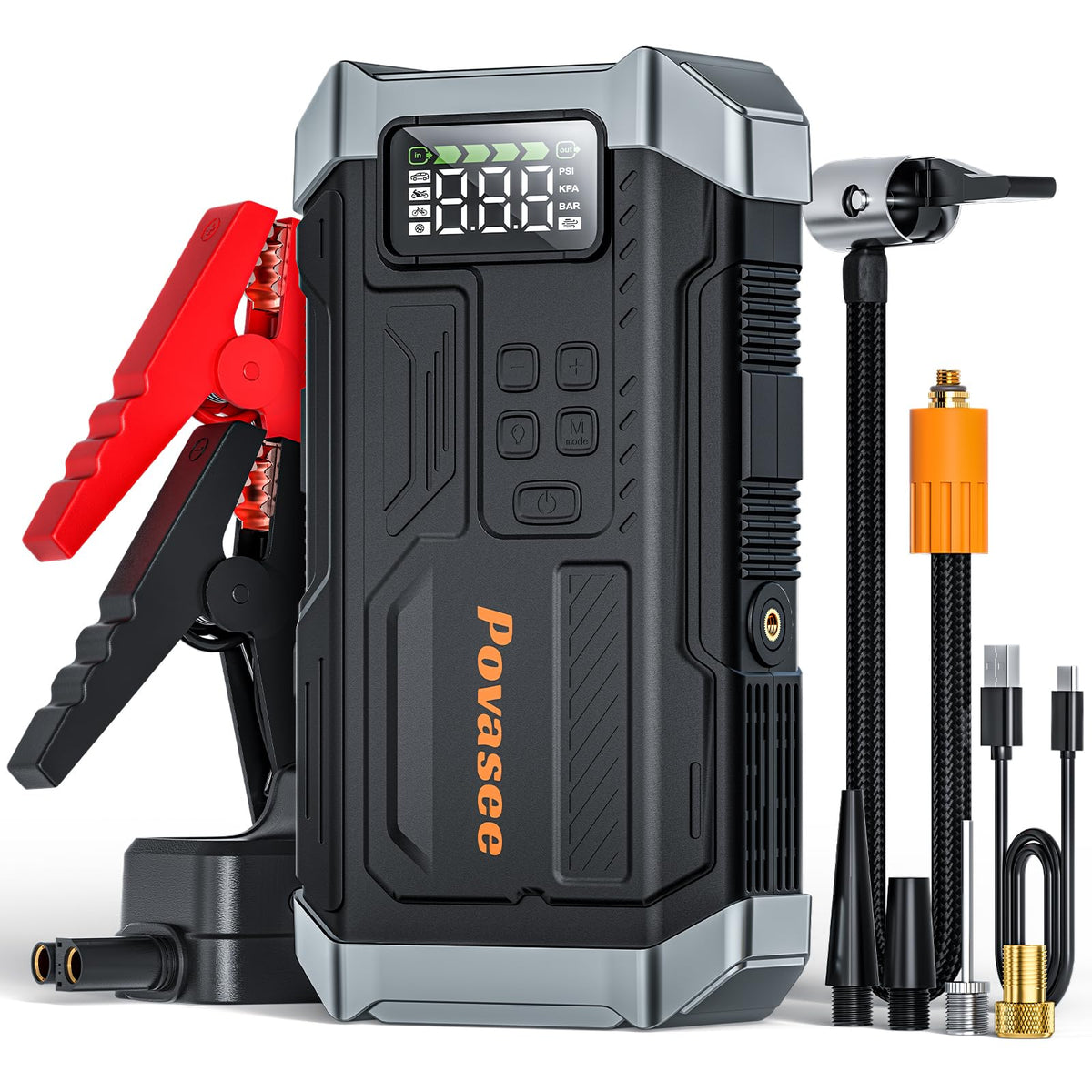 Povasee front panel view showing ports and carry handle for easy transport