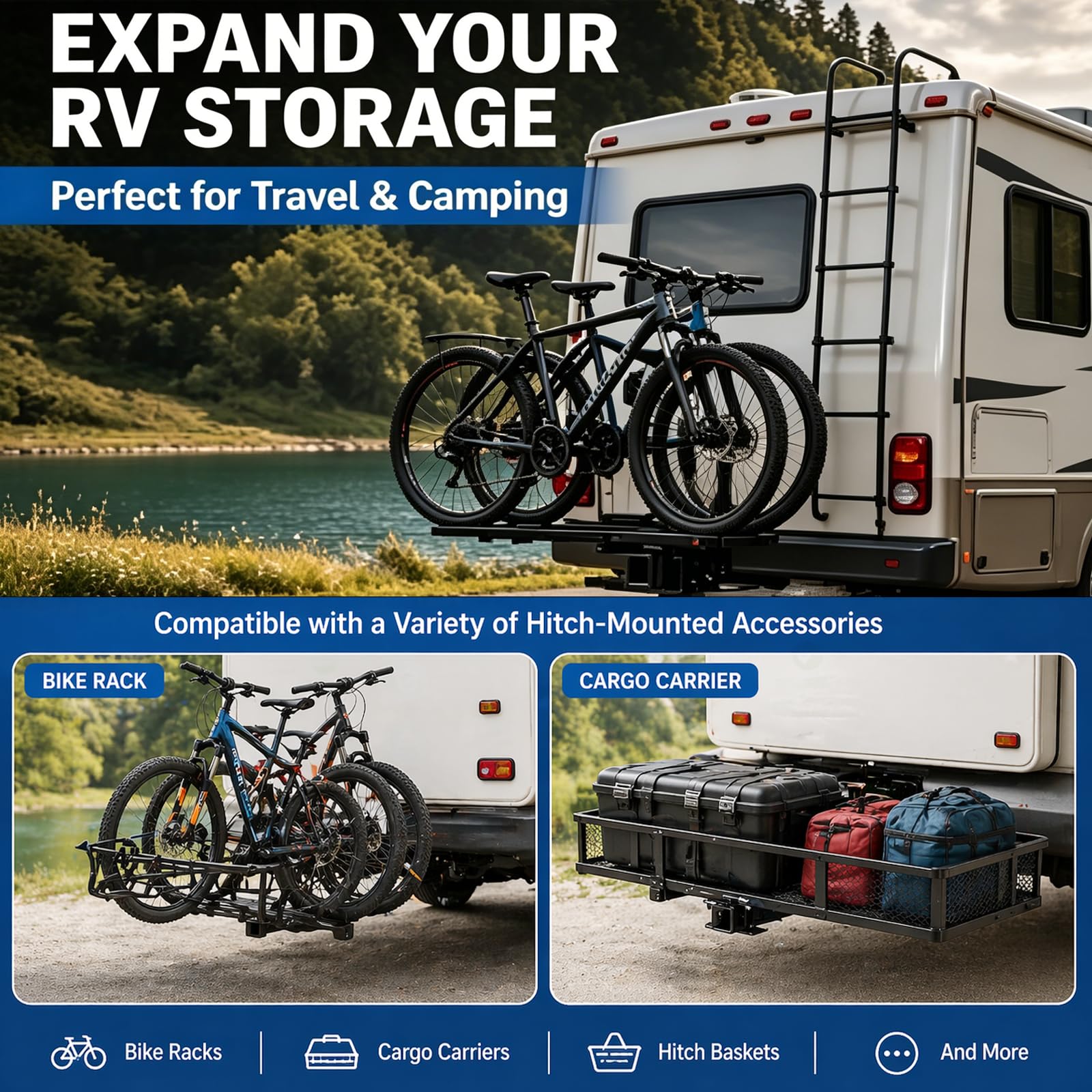 Poweka adapter bolted to 4x4 RV bumper demonstrating secure mount benefit
