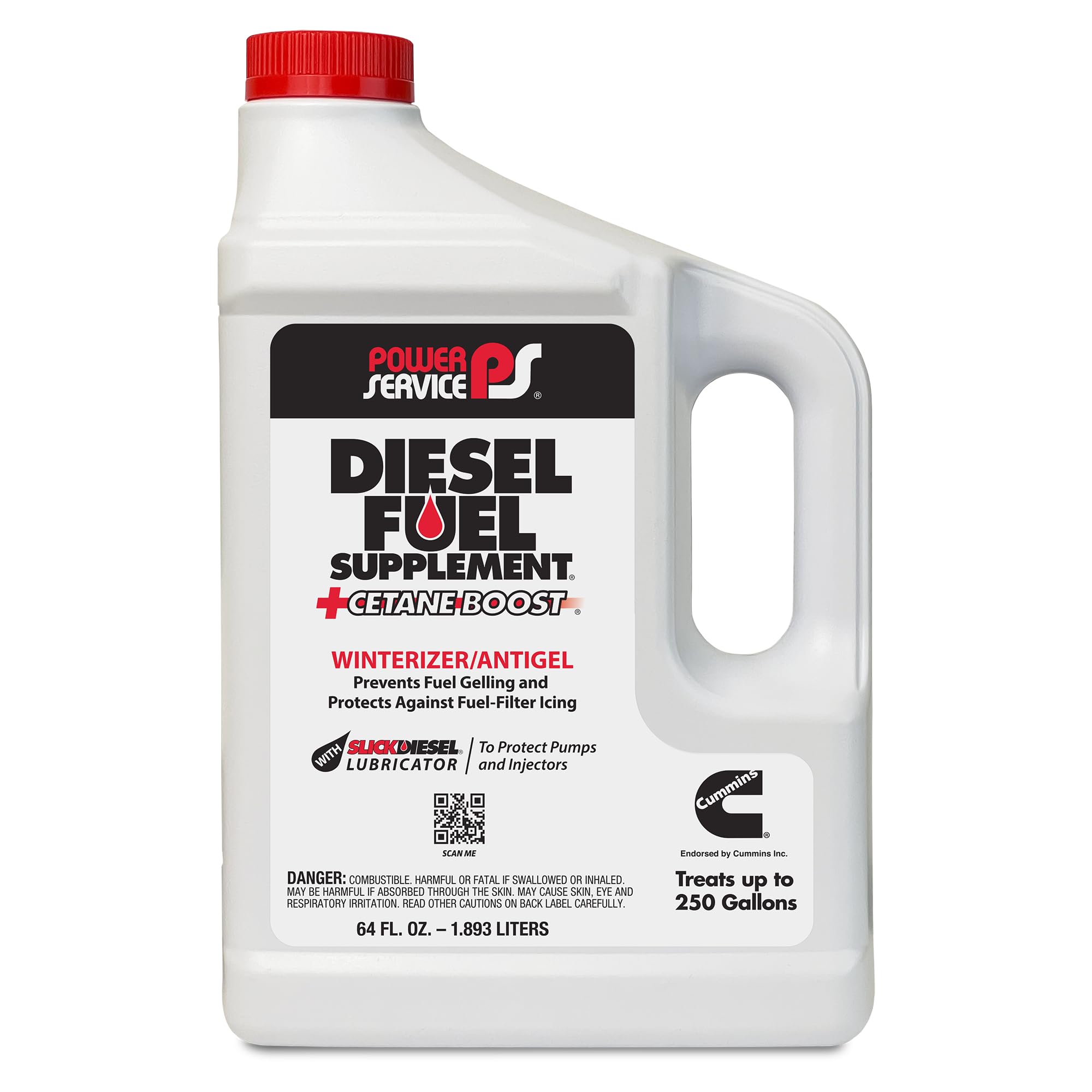 Power Service 64 oz front bottle view showing label and easy‑pour spout benefit