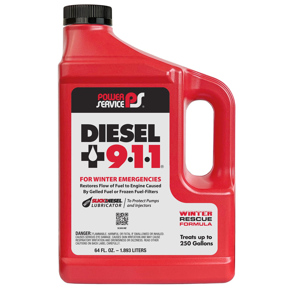 Power Service Diesel 911 front label showing 64 oz bottle and winter rescue benefit