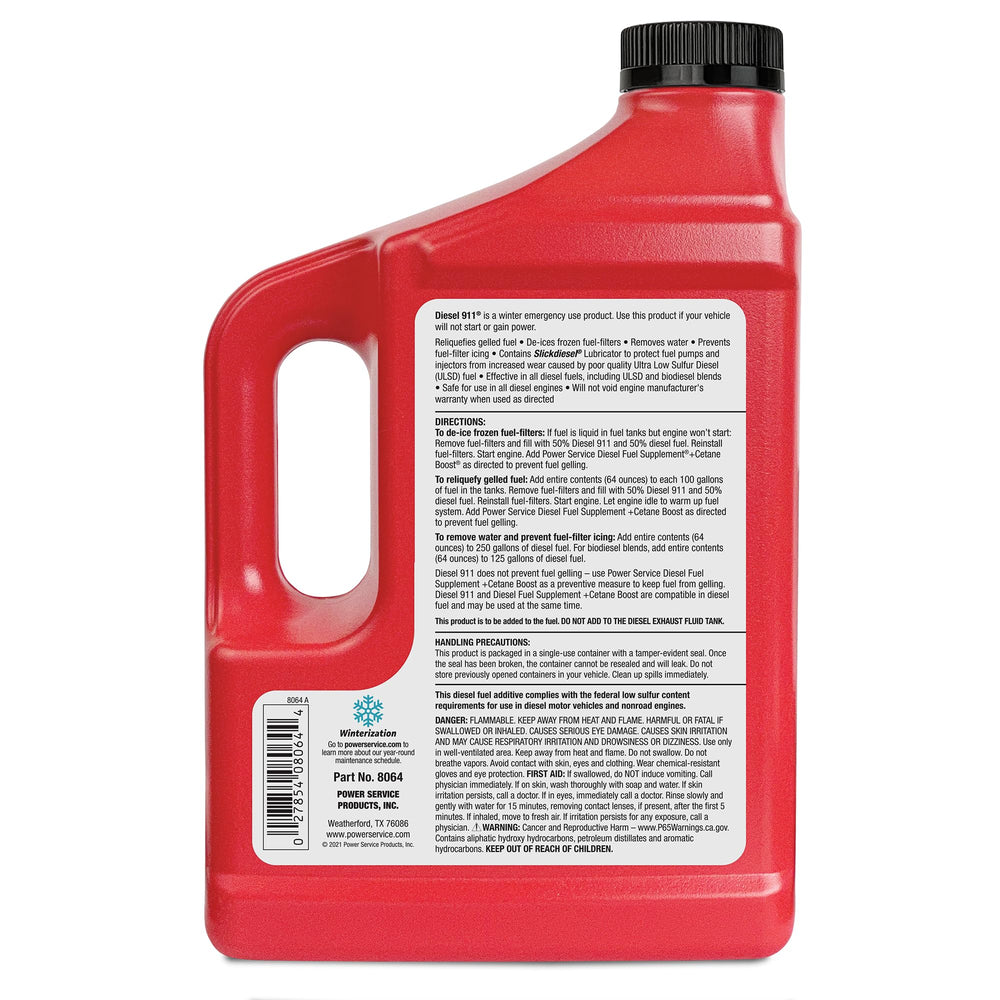Power Service Diesel 911 pouring into tank close-up demonstrates fast gelled-fuel recovery