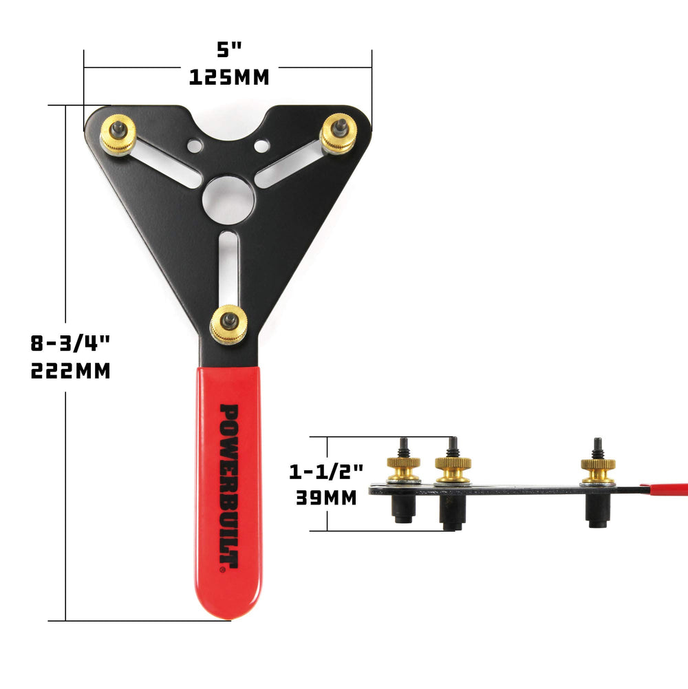 Powerbuilt adjustable holding pins detail showing pin spacing for multiple clutch sizes