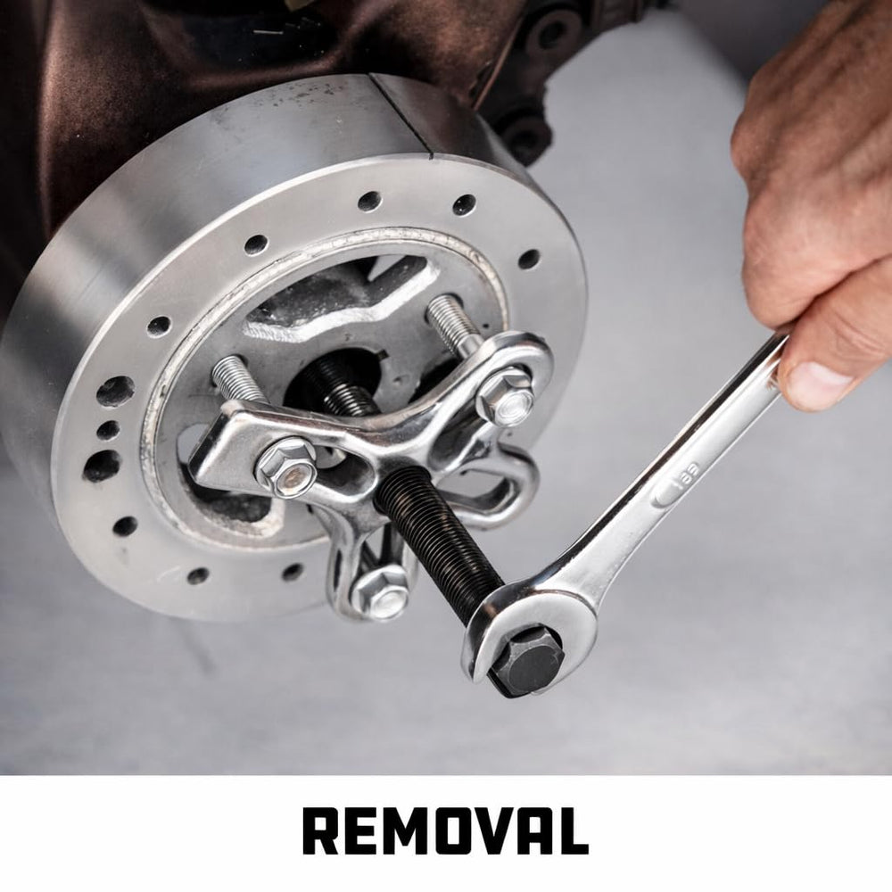 Powerbuilt tool set installed on engine demonstrating safer balancer removal
