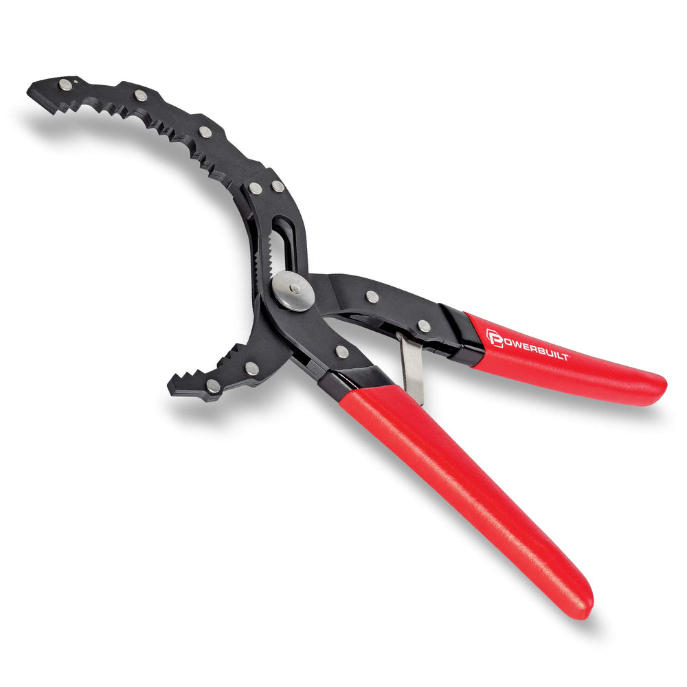 Powerbuilt pliers front view showing tool and benefits