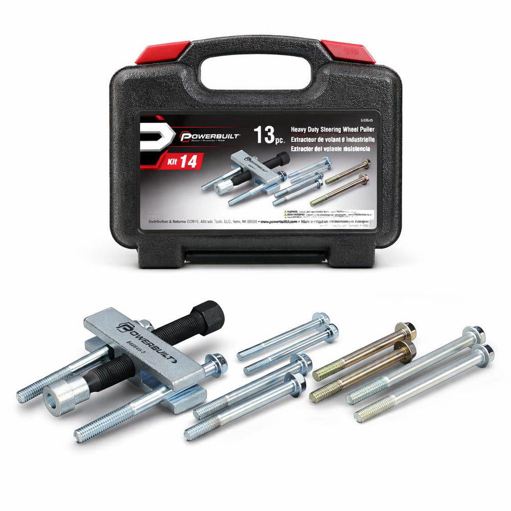 Powerbuilt front view of the 14-piece steering wheel puller kit showing case and tools, durable storage benefit