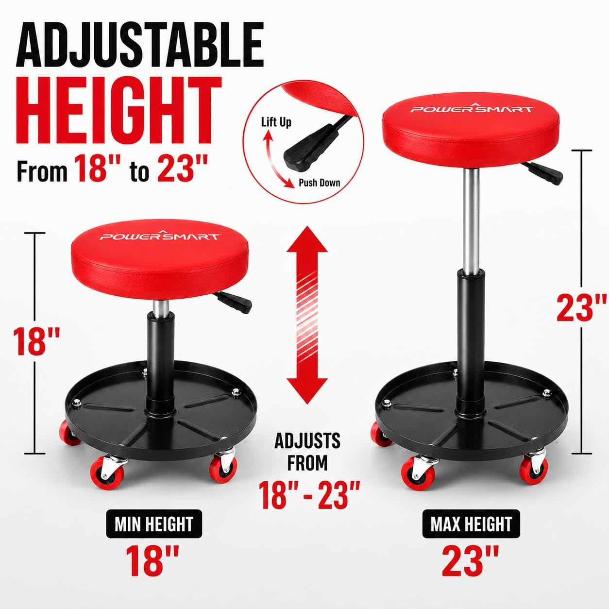 PowerSmart five casters rolling across garage floor benefit: smooth stable mobility