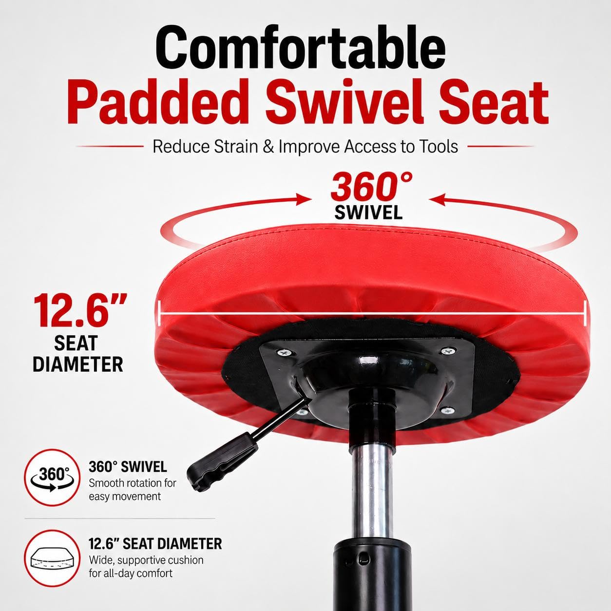 PowerSmart height adjustment column and lever showing 18–23 inch adaptability benefit