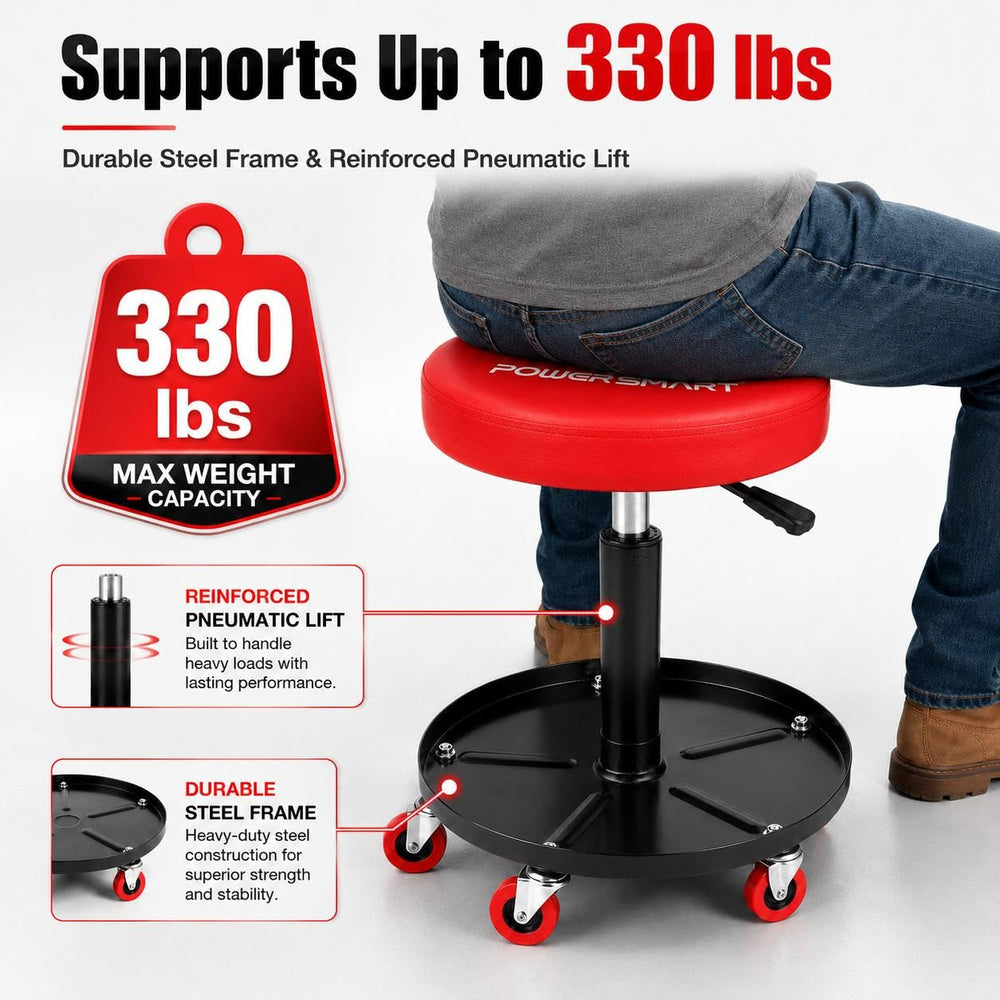 PowerSmart close-up of 12.6-inch padded seat showing cushion detail for long tasks