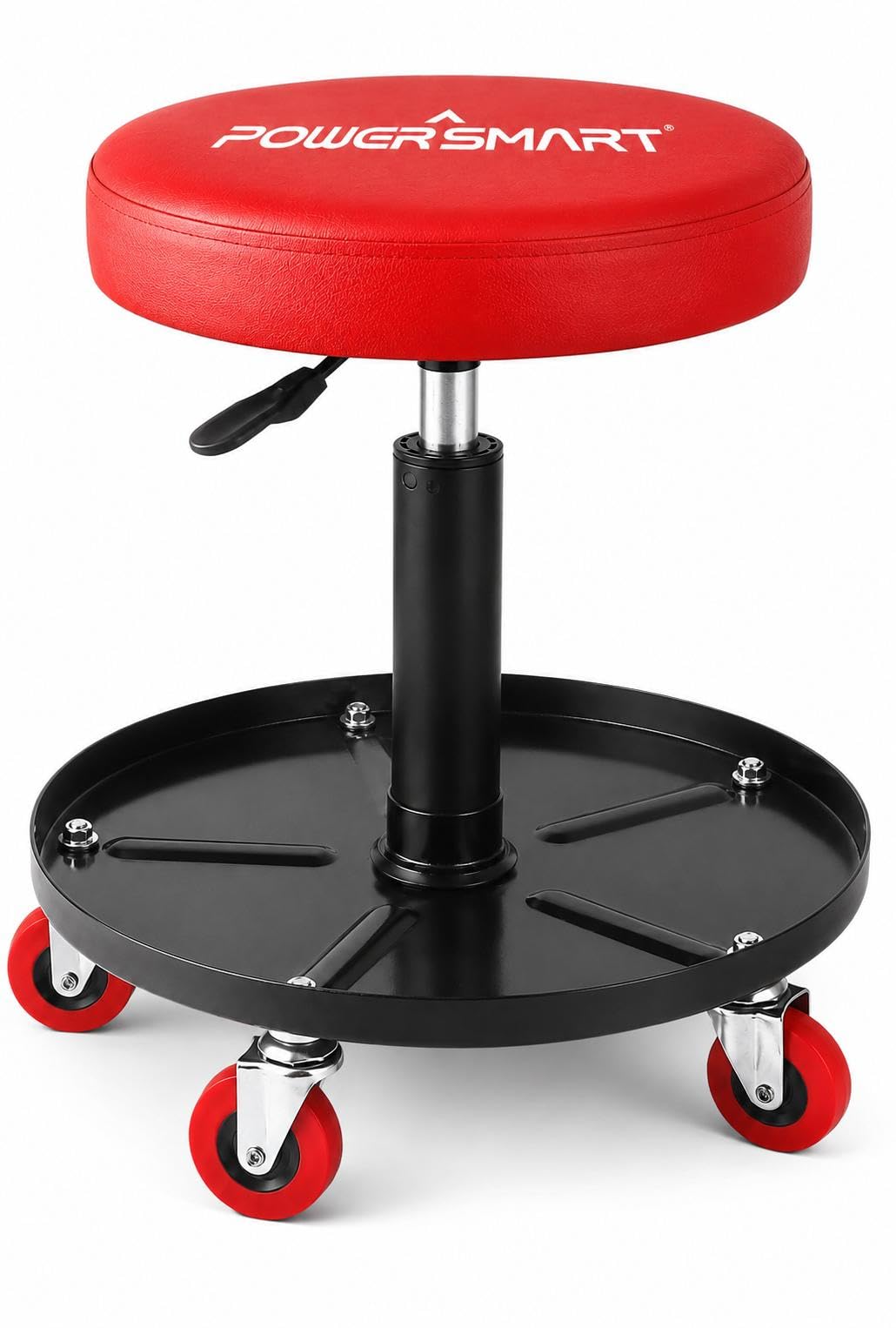 PowerSmart roller seat front view showing sturdy frame and tray benefit: visual durability