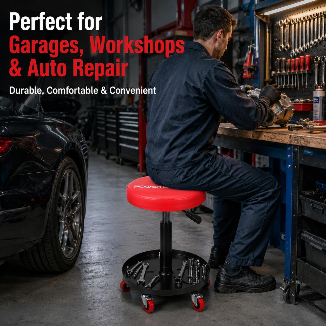 PowerSmart roller seat positioned beside car in garage demonstrating ergonomic workflow