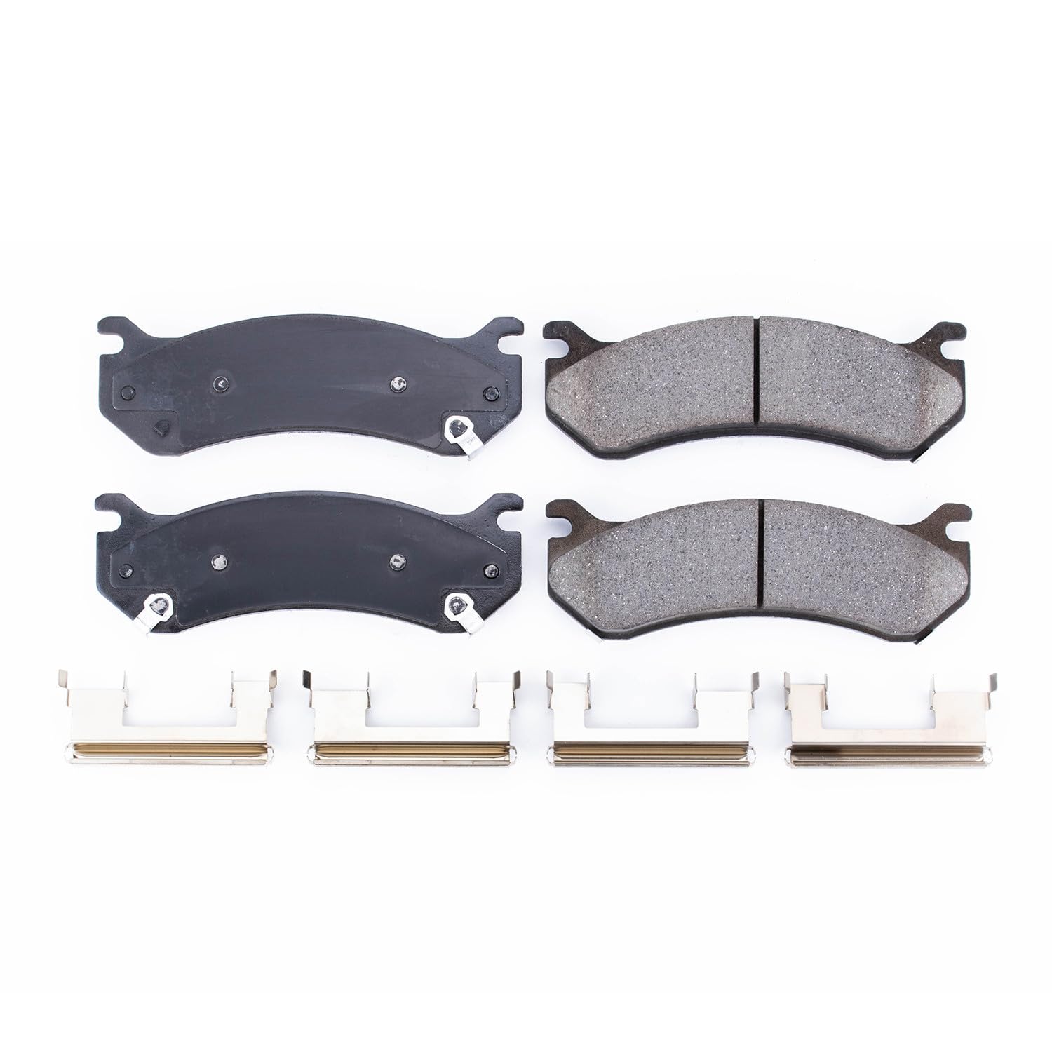 Close-up of PowerStop Z17 pad friction surface, shows chamfers and slots for quiet stops